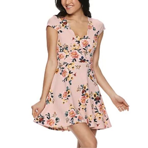 THREE PINK HEARTS | LACE BACK SKATER‎ MINI DRESS PINK FLORAL L - Picture 1 of 9